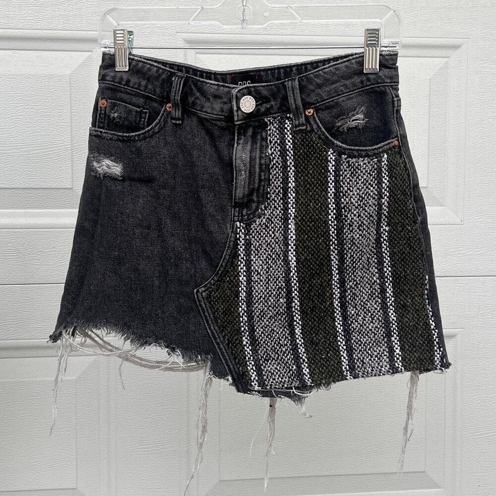 Reworked Black Distressed Denim Cut Off Skirt With Baja Stripe Patch Size Small